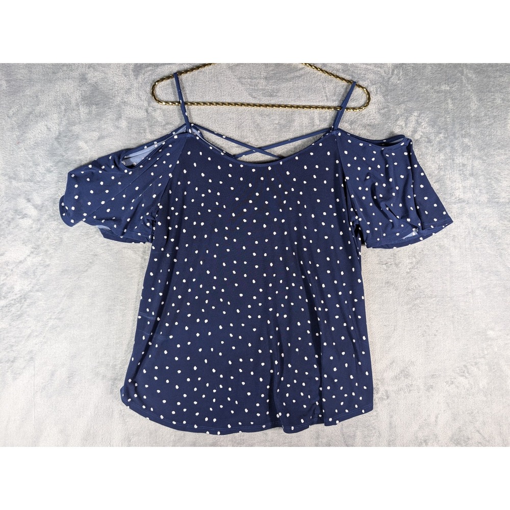 Kaileigh Womens Navy Polka Dot Cold Shoulder Strappy V Neck Top Size XL